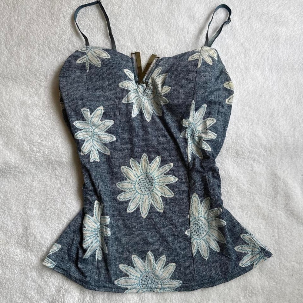 vintage euro boho blue floral denim print tank top